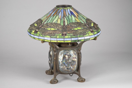Custom made Tiffany type Bronze and stained glass Table Lamp with leaded and stained glass dragon fl