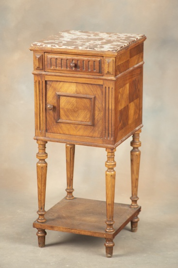 Antique walnut marble top & marble lined Humidor, circa 1900s, with fancy single drawer storage area
