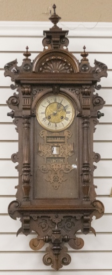 Beautiful antique carved walnut Calendar Wall Clock with eight day time and strike, circa 1890s, bel