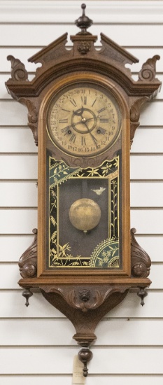 Antique walnut New Haven, American Calendar Wall Clock, circa 1886, eight day time and strike, in be