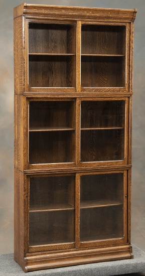 Three stack quarter sawn oak Danner (1823-1918), sliding glass door Bookcase, circa  1915, measures