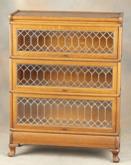 Unique antique "Macey" marked three stack leaded glass Lawyer Bookcase, original estate condition, 4
