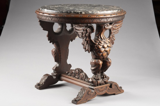 Antique hand carved, marble top, walnut Chair Side Table with fully carved Eagle supports and floral