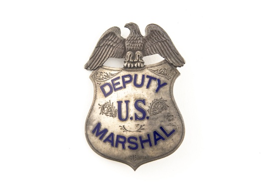 Beautiful large vintage Shield Badge with Eagle Crest marked â€œDEPUTY U.S. MARSHALâ€, has dark blu