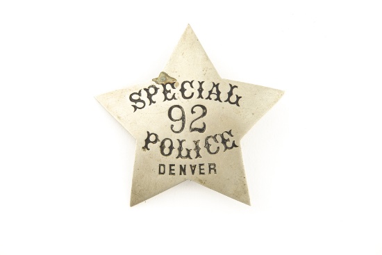 Large vintage 5-point Star Badge marked â€œSPECIAL 92 POLICE DENVERâ€ in nice circus lettering with