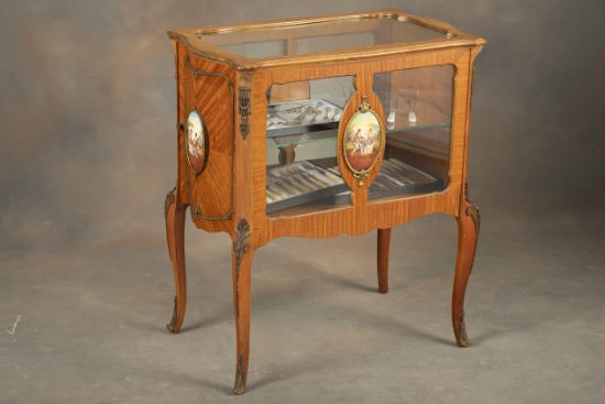 Unique vintage French style, floor model Curio Cabinet made of satin wood with hand painted oval cam