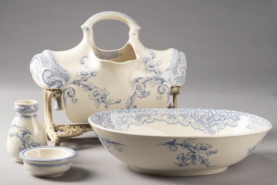 Rare & unusual five (5) piece, Royal Doulton Bowl & Pitcher Set on rare cast iron tilting base. A ve