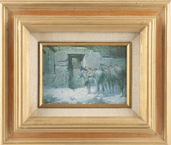 CA Artist Melvin C. Warren (1920-1995), Framed Print dated 1972. Scene is horse and mule standing at