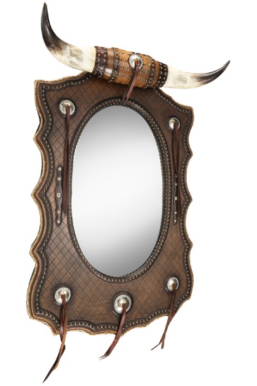 High Quality contemporary leather wrapped Mirror Hatrack with bull horn crest. Unique and decorated