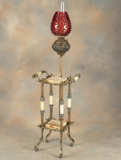"B&H" (Bradley & Hubbard) marked, heavily embossed brass and onyx Piano Lamp, circa 1880-1890s with