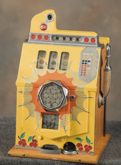 Antique Mills Bursting Cherry, 5 Cent Slot Machine, circa 1930s, SN 407829. Machine measures 24 1/2"