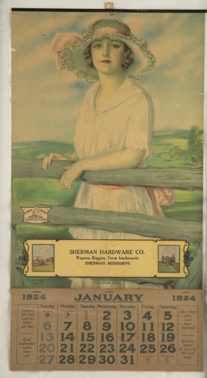 Framed 1924 full Calendar Advertising Sherman Hardware Co./ Wagons, Buggies, Farm Implements/ Sherma