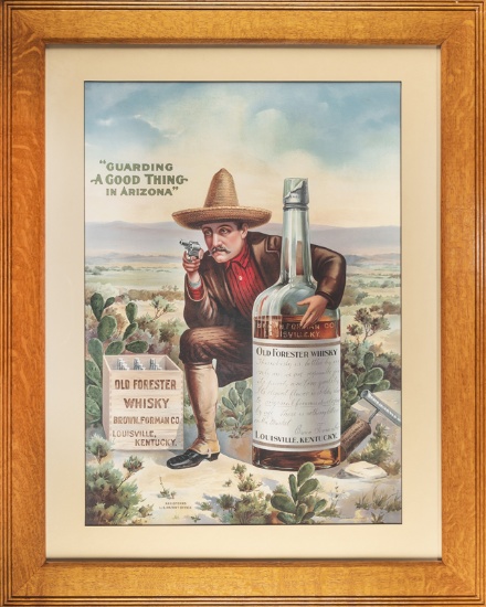 Incredible antique framed Advertisement for "Old Forester Whisky", marked lower right "Chas. W. Shon