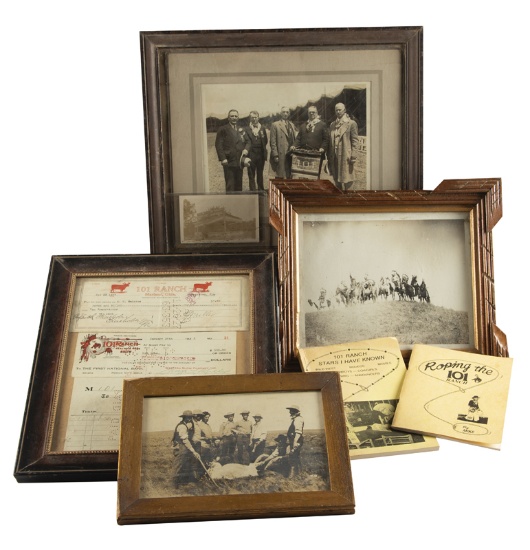 Collection of four frames of Images of 101 Ranch memorabilia. One is framed Cancelled Checks from th