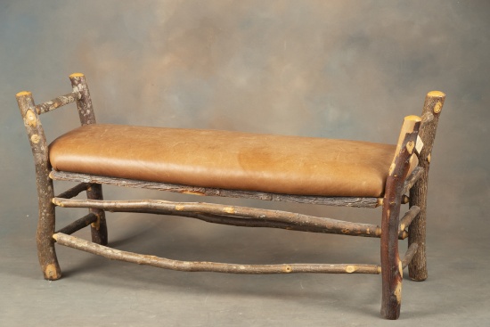 Fine Lodge Style Window Bench, very well constructed with double stretcher, covered with brown leath