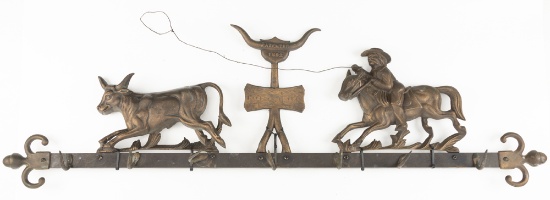 Outstanding brass & iron hanging Butchers Meat Rack, metal rack is iron, crest is cowboy roping a st