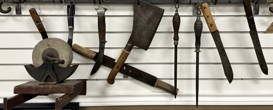 Ten (10) vintage Butcher Tools to include: 1 large Meat Cleaver, 2 shapening Hones, 6 Butcher Knives
