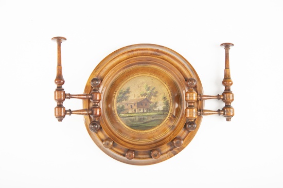 Very unusual antique round 13" dia. wall hanging Coat & Hat Rack with hand painted scene in center.