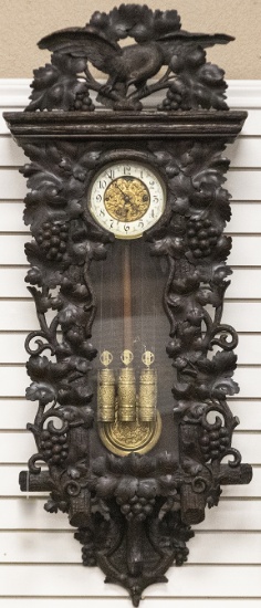 Magnificent antique Black Forest, three weight Blind Mans Wall Clock with fully carved Eagle crest,