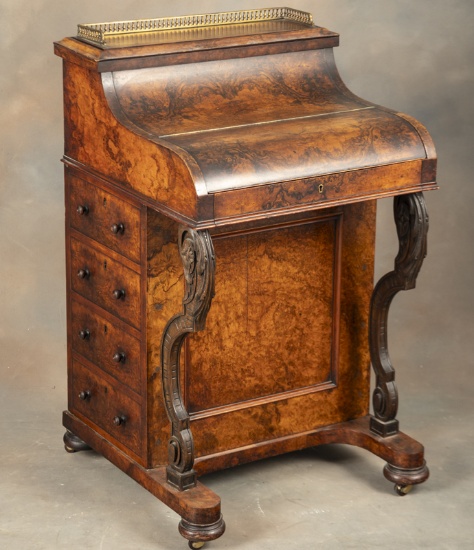 Antique American Victorian Davenport, burl walnut Desk, circa 1880s, with burl walnut roll front and