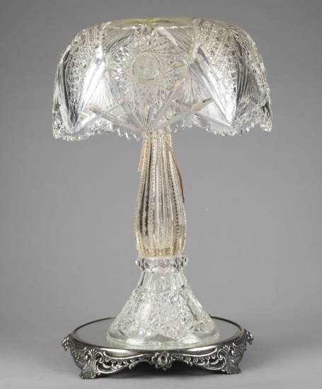 Large Cut Glass, one piece, Table Lamp, 21" T x 14" dia. shade x 7 1/2" dia. base. Sold with footed