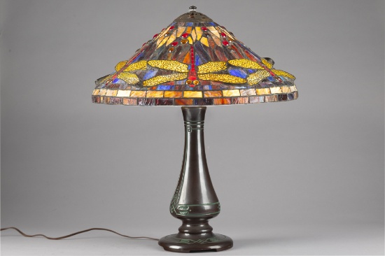 "Moe Bridges" marked Table Lamp, circa 1920s, with 20" dia. stained glass dragonfly shade (shade is