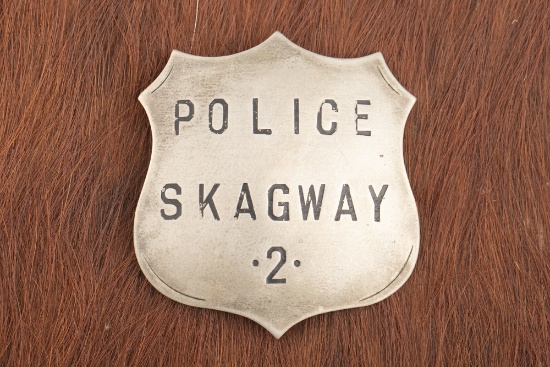 Vintage Shield Badge marked â€œPOLICE SKAGWAY 2â€, minor hand engraving with lots of great patina,
