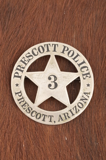 Vintage Circle Badge with 5-point cut-out Star center marked â€œPRESCOTT POLICE PRESCOTT, ARIZONAâ€