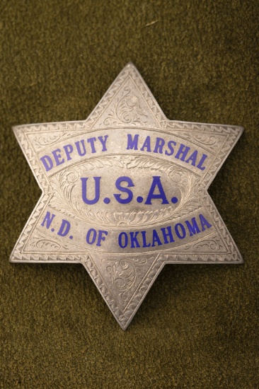 Beautifully engraved vintage 6-point Star Badge marked â€œDEPUTY MARSHAL U.S.A./ N.D. OF OKLAHOMAâ€