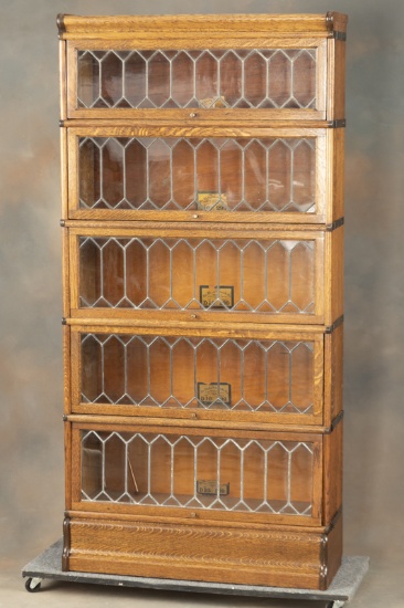 Beautiful antique five (5) stack quarter sawn oak, full leaded glass door Lawyers Bookcase by Globe-