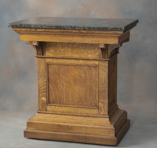 Beautiful antique, massive quarter sawn oak Pedestal with beautiful granite top. Pedestal has raised