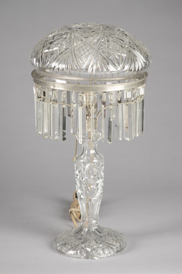 Antique cut glass Table Lamp, circa 1920, measures 19" T x 11" dia. bulbous shade, decorated with ma