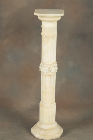 Vintage carved Alabaster Pedestal, measuring 41 1/2" T x 9" sq. top with hexagon base. Factory desig