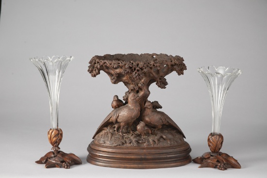 Three Piece Black Forest Mantle Set to include a large carved Centerpiece with pheasants and chicks