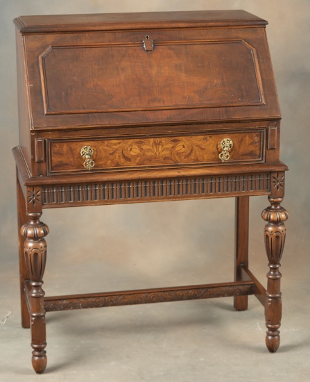 High quality walnut drop front Ladies Desk with incredible marquetry inlay in front, circa 1930-1940