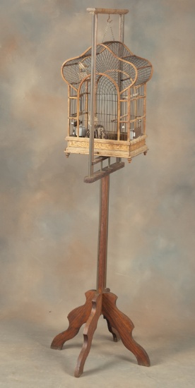 Antique Wooden Victorian Style Bird Cage & Stand complete with little birds, circa 1900, in original