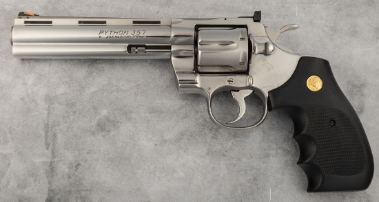 Colt Python Double Action Revolver, .357 MAG caliber, SN T85635, nickel finish, 6" barrel, near pris