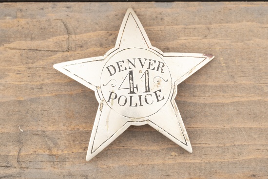 Large rare vintage 5-point Star Badge marked â€œDENVER 41 POLICEâ€ with a few scuff marks and some