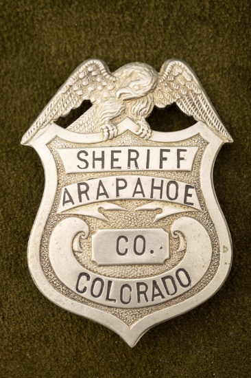 Vintage Shield Badge with Eagle Crest  marked â€œSHERIFF/ ARAPAHOE/ CO./ COLORADOâ€ with black soft