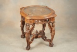 Outstanding antique walnut, figural carved Chair Side Table with lift off beveled glass serving tray
