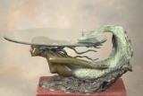 Very unusual large Bronze Mermaid Coffee Table with oval beveled glass top. Bronze Mermaid measures
