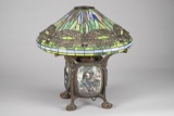 Custom made Tiffany type Bronze and stained glass Table Lamp with leaded and stained glass dragon fl