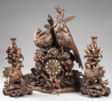 Fabulous antique three-piece, hand carved, Black Forrest Clock Set, with fully carved pheasants on c