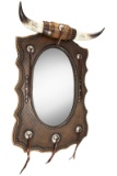 High Quality contemporary leather wrapped Mirror Hatrack with bull horn crest. Unique and decorated