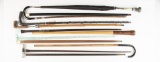 Collection of 12 Walking Sticks, Canes and one Umbrella in various shapes and sizes. One of these is
