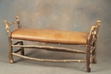 Fine Lodge Style Window Bench, very well constructed with double stretcher, covered with brown leath