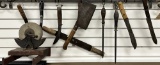 Ten (10) vintage Butcher Tools to include: 1 large Meat Cleaver, 2 shapening Hones, 6 Butcher Knives