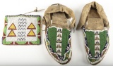 Pair of Plains Indian Beaded Moccasins, showing great age, bead work appears to be intact. Moccasins
