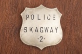 Vintage Shield Badge marked â€œPOLICE SKAGWAY 2â€, minor hand engraving with lots of great patina,