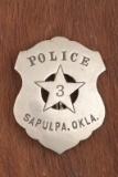 Large vintage Shield Badge with 5-point cut-out Star marked â€œPOLICE SAPULPA, OKLA.â€ with â€œ3â€